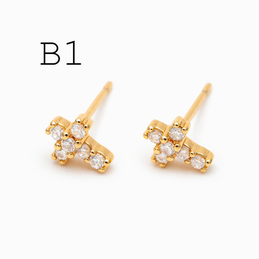4pcs CZ Pave Gold Cross Earrings, Gold Plated Brass Dainty Cross Stud Earring (#GB-3637)