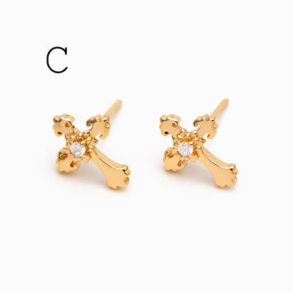 4pcs CZ Pave Gold Cross Earrings, Gold Plated Brass Dainty Cross Stud Earring (#GB-3637)