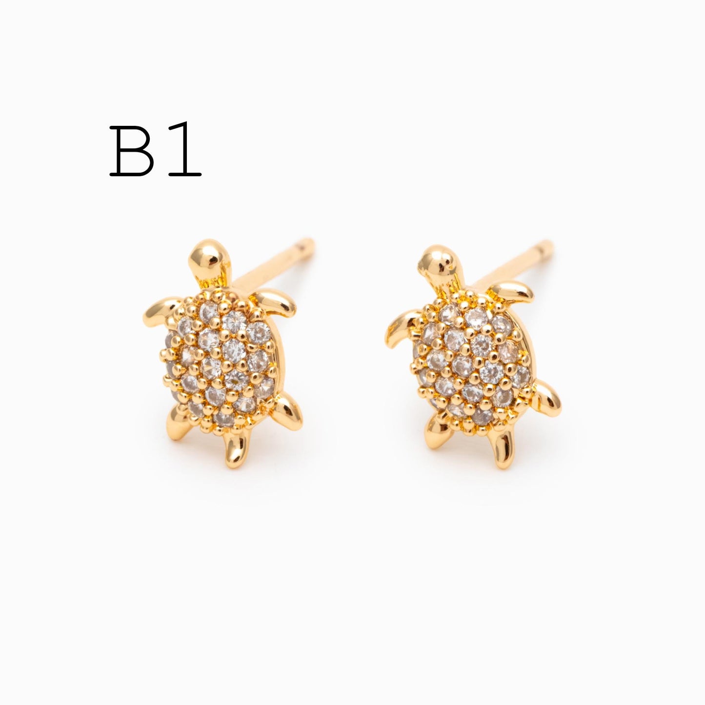 10pcs CZ Pave Gold/ Silver Tone Turtle Earrings, Gold/ Rhodium Plated Brass, Minimalist Stud Earrings (GB-3845)