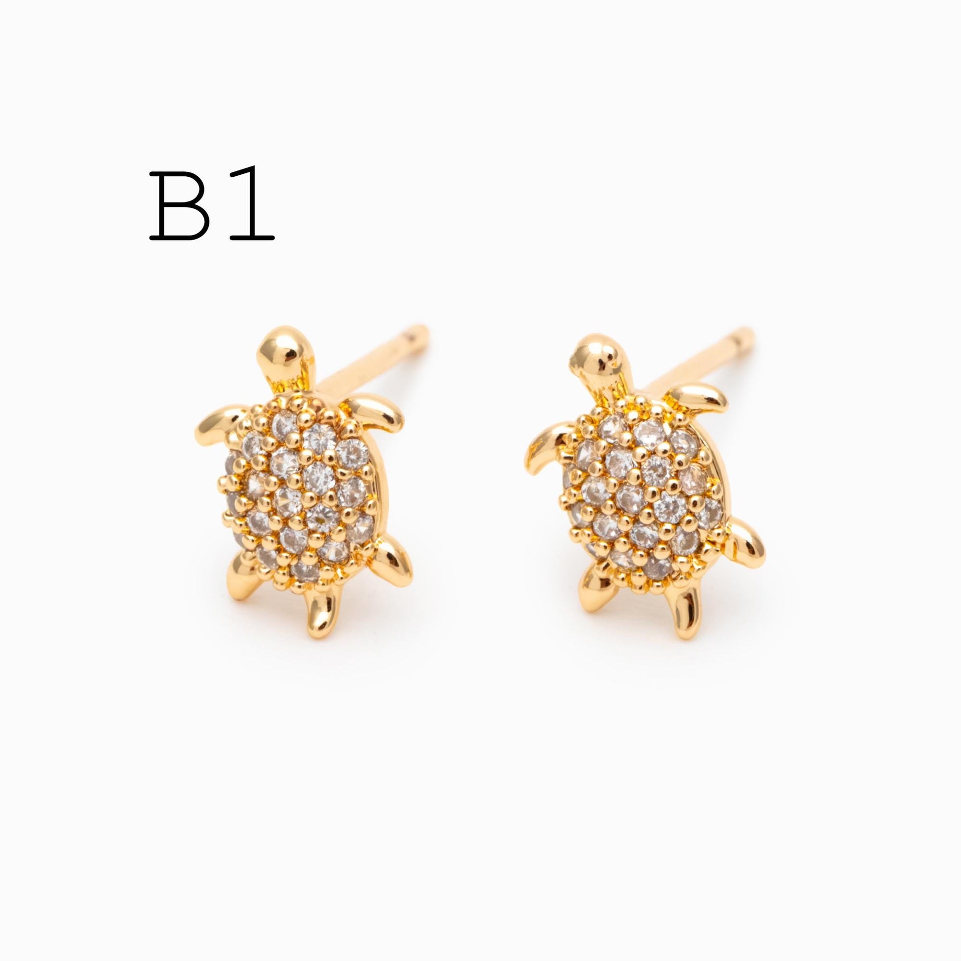 10pcs CZ Pave Gold/ Silver Tone Turtle Earrings, Gold/ Rhodium Plated Brass, Minimalist Stud Earrings (GB-3845)