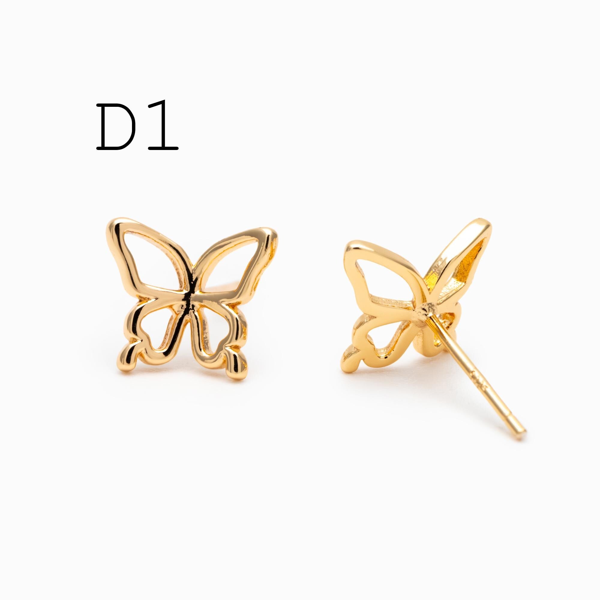 10pcs Gold/ Silver Hollow Flower Butterfly Stud Earrings, Gold/ Rhodium plated Brass, Jewelry Supplies (GB-4323)