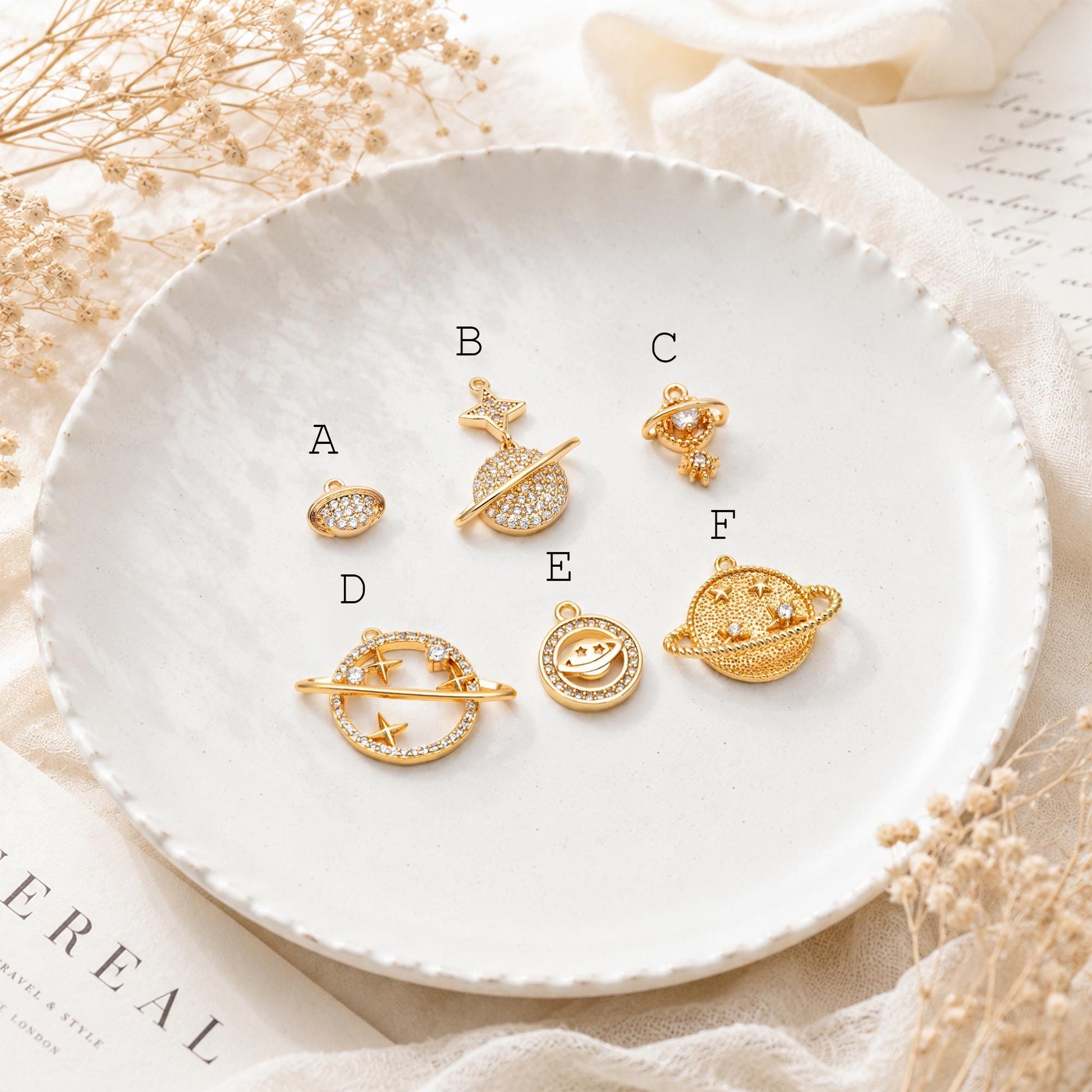 4pcs CZ pave Gold Saturn Charms , Gold plated Brass Planet Pendants, DIY Earring Necklace Components (GB-1173)