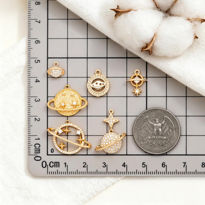 4pcs CZ pave Gold Saturn Charms , Gold plated Brass Planet Pendants, DIY Earring Necklace Components (GB-1173)