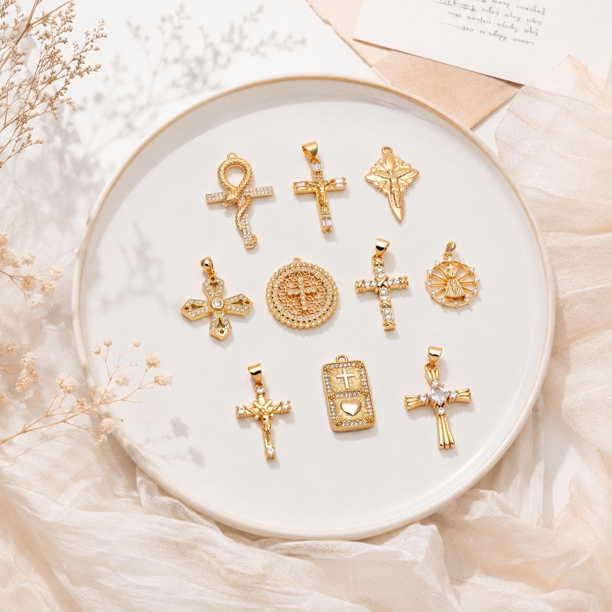 4pcs CZ pave Gold Cross Pendant, Christian Cross Pendant, Snake Charms, Ankh, Jewelry Supplies (GB-2288)