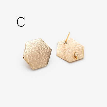 10pcs Brushed Gold Ear Posts with Loops, Real Gold Plated Brass, Geometric Earring Studs (GB-263)