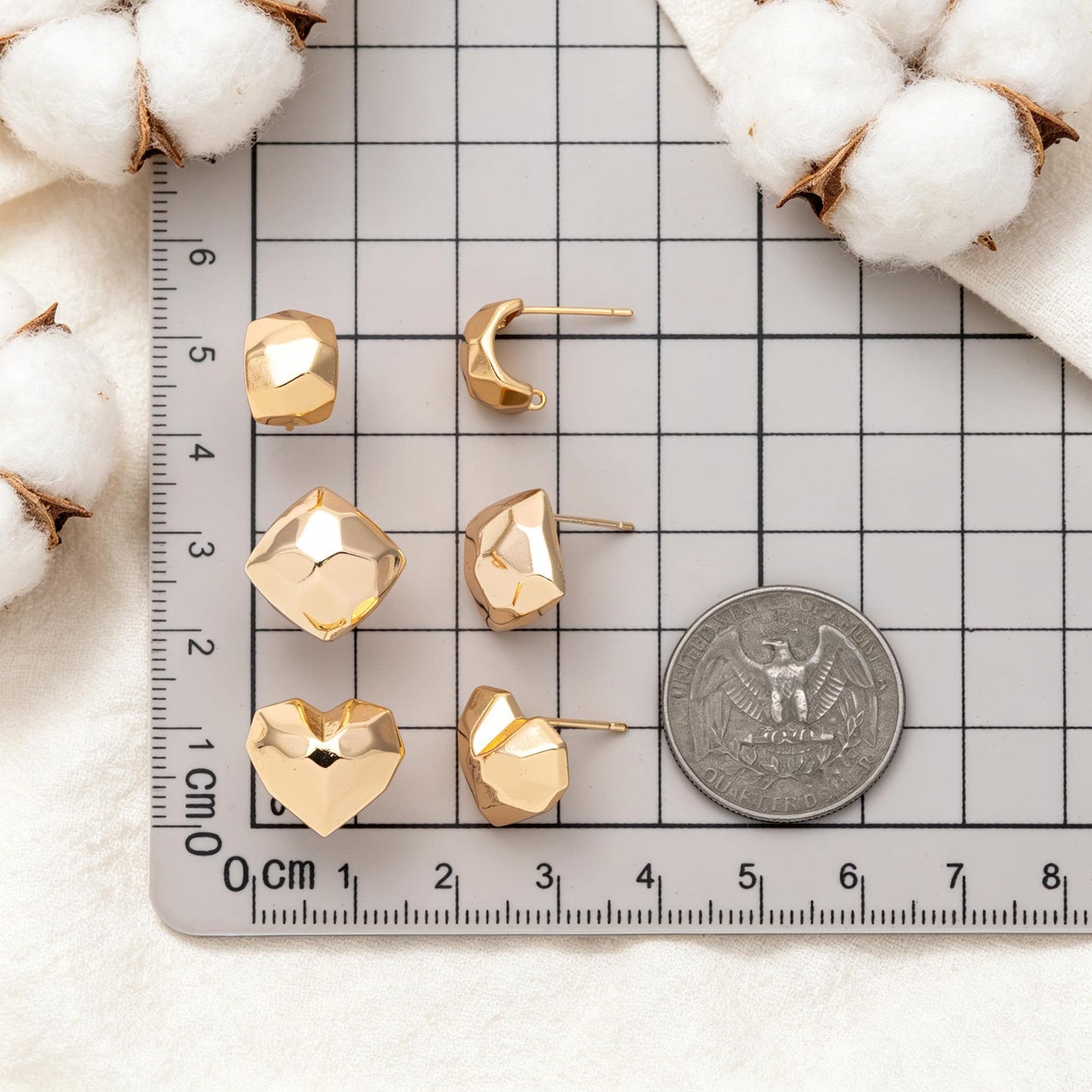 10pcs Gold Faceted Heart/ Square Earring With Loop, Gold plated Brass, Geometric Stud Earrings (GB-2966)