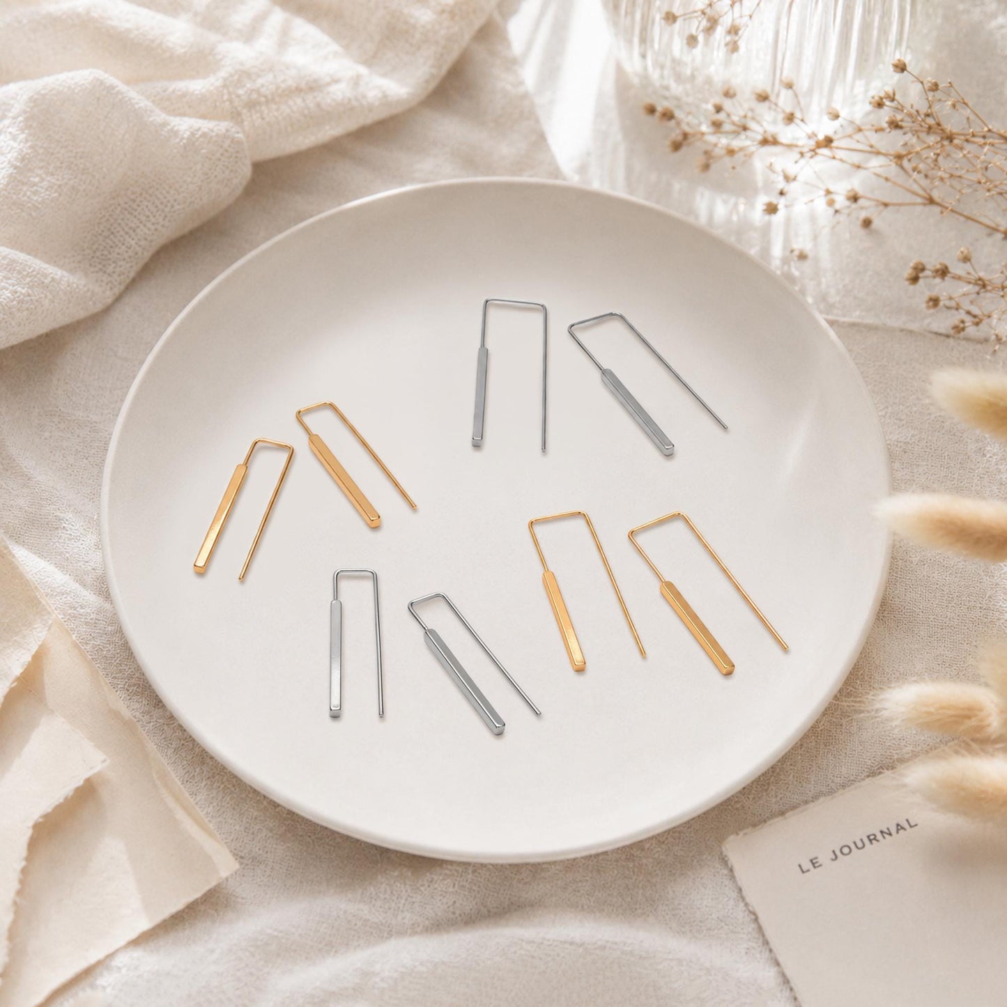 10pcs Gold/ Silver Tone Cube Ear Hooks 34x10mm, Gold/ Rhodium plated Brass Square Bar Earwires, Minimalist Earring Components (GB-2732)