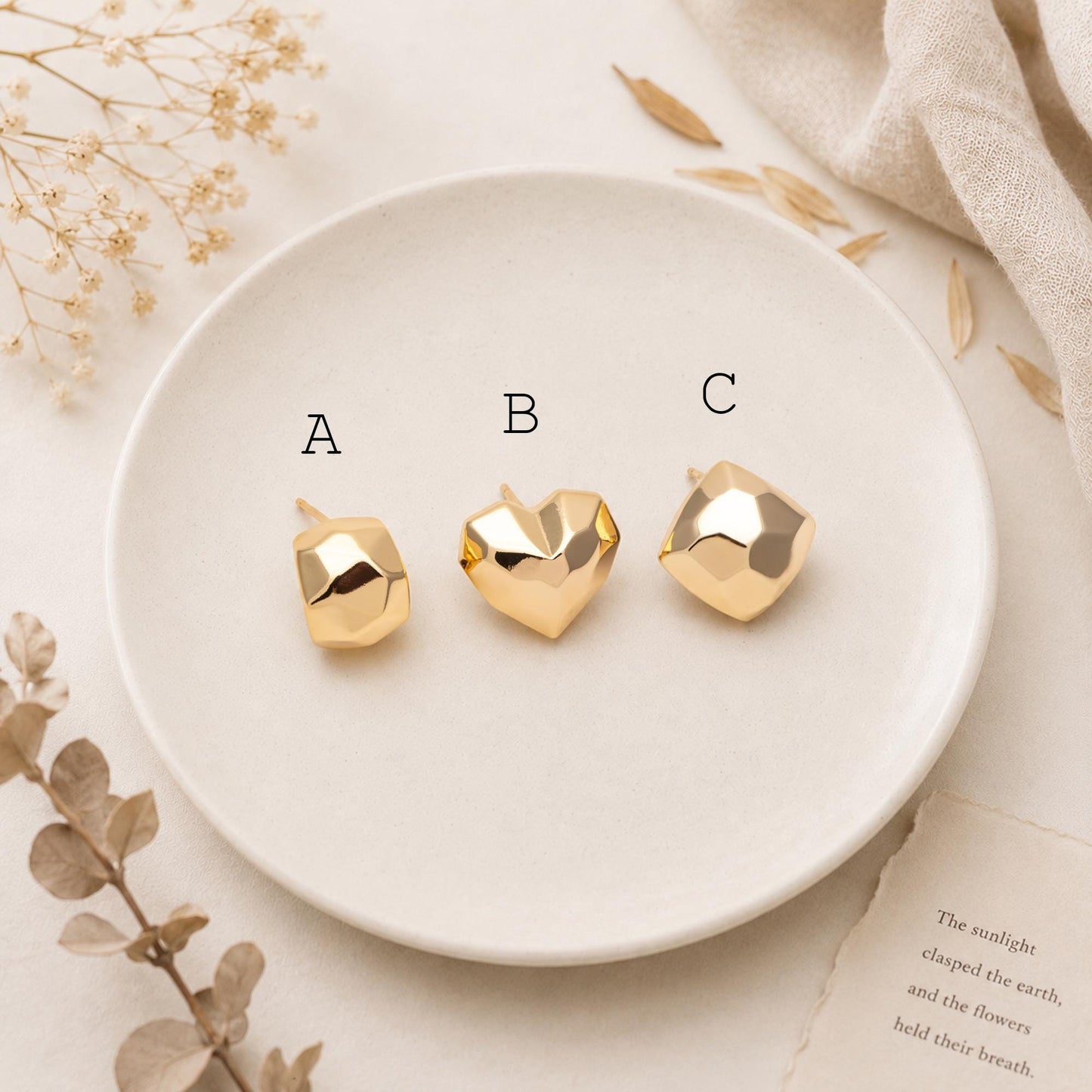 10pcs Gold Faceted Heart/ Square Earring With Loop, Gold plated Brass, Geometric Stud Earrings (GB-2966)