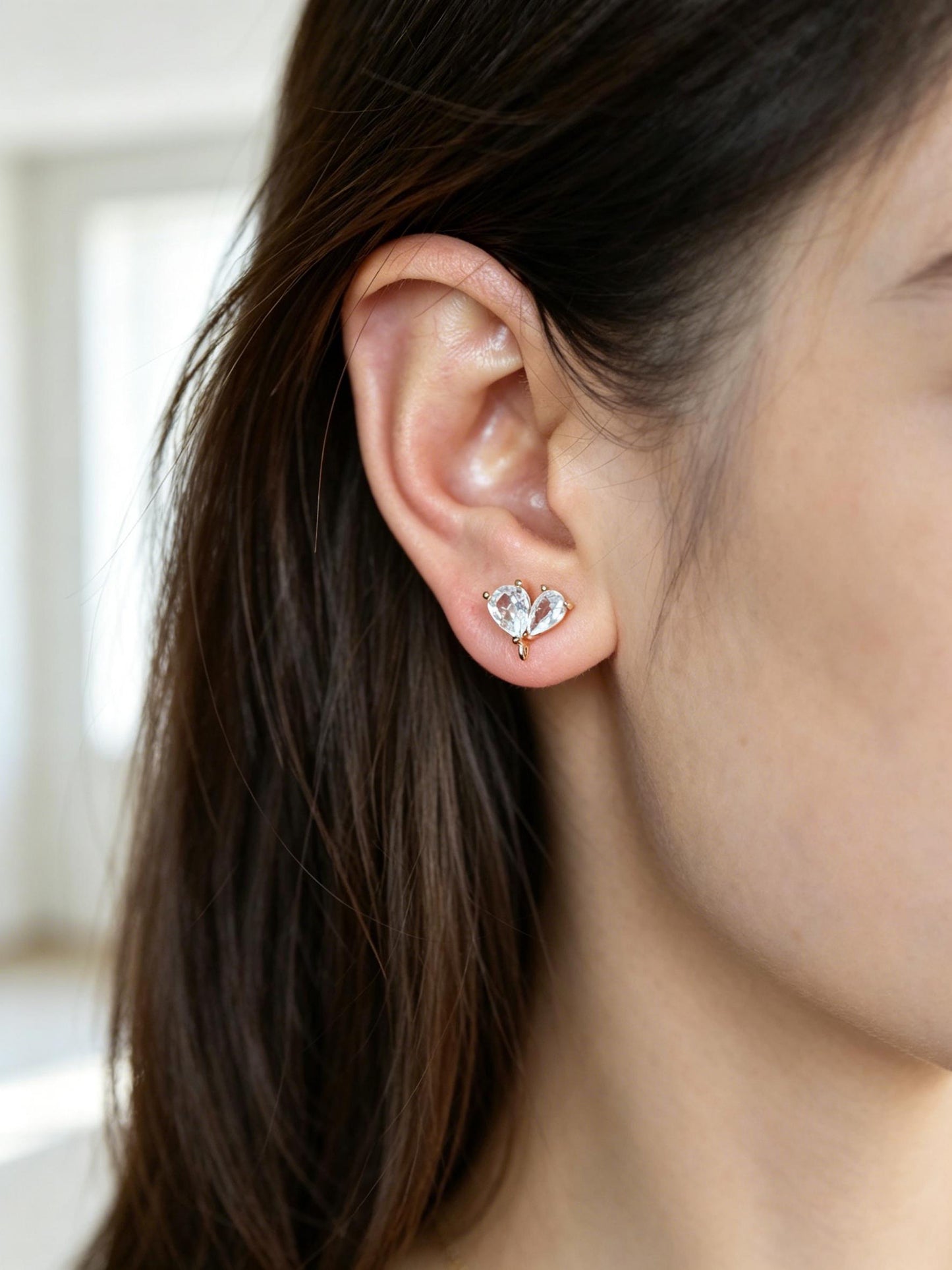 4pcs CZ Pave Flower Heart Earring with Loop, Gold Plated Brass leaf Stud Earrings, Dainty Earring, Wholesale Supplies (GB-314)