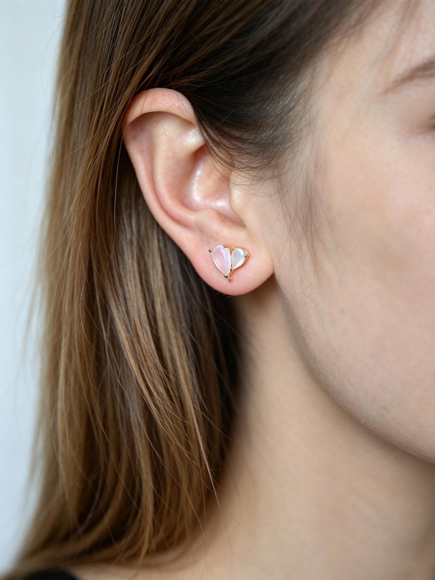 4pcs CZ Pave Flower Heart Earring with Loop, Gold Plated Brass leaf Stud Earrings, Dainty Earring, Wholesale Supplies (GB-314)