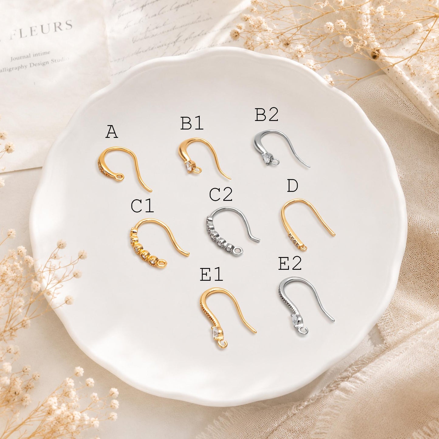 10pcs CZ Pave Gold Earring Hooks 14x10mm, Real Gold Plated Brass Earwires (GB-315)