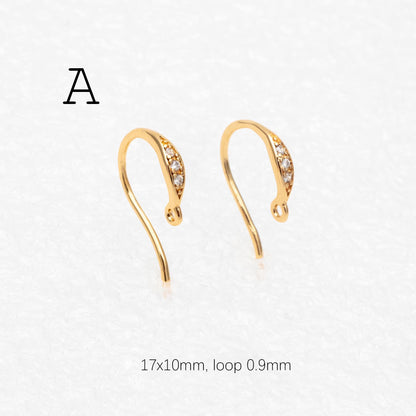 10pcs CZ Pave Gold/ Silver Earring Hooks , Real Gold/ Rhodium Plated Brass Earwires (GB-317)