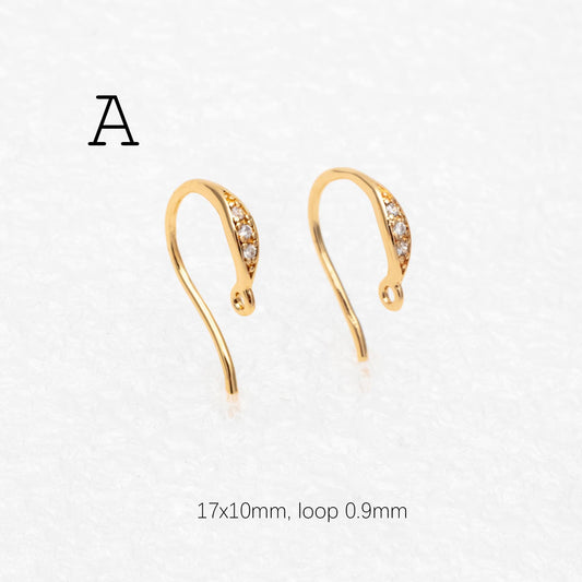 10pcs CZ Pave Gold/ Silver Earring Hooks , Real Gold/ Rhodium Plated Brass Earwires (GB-317)
