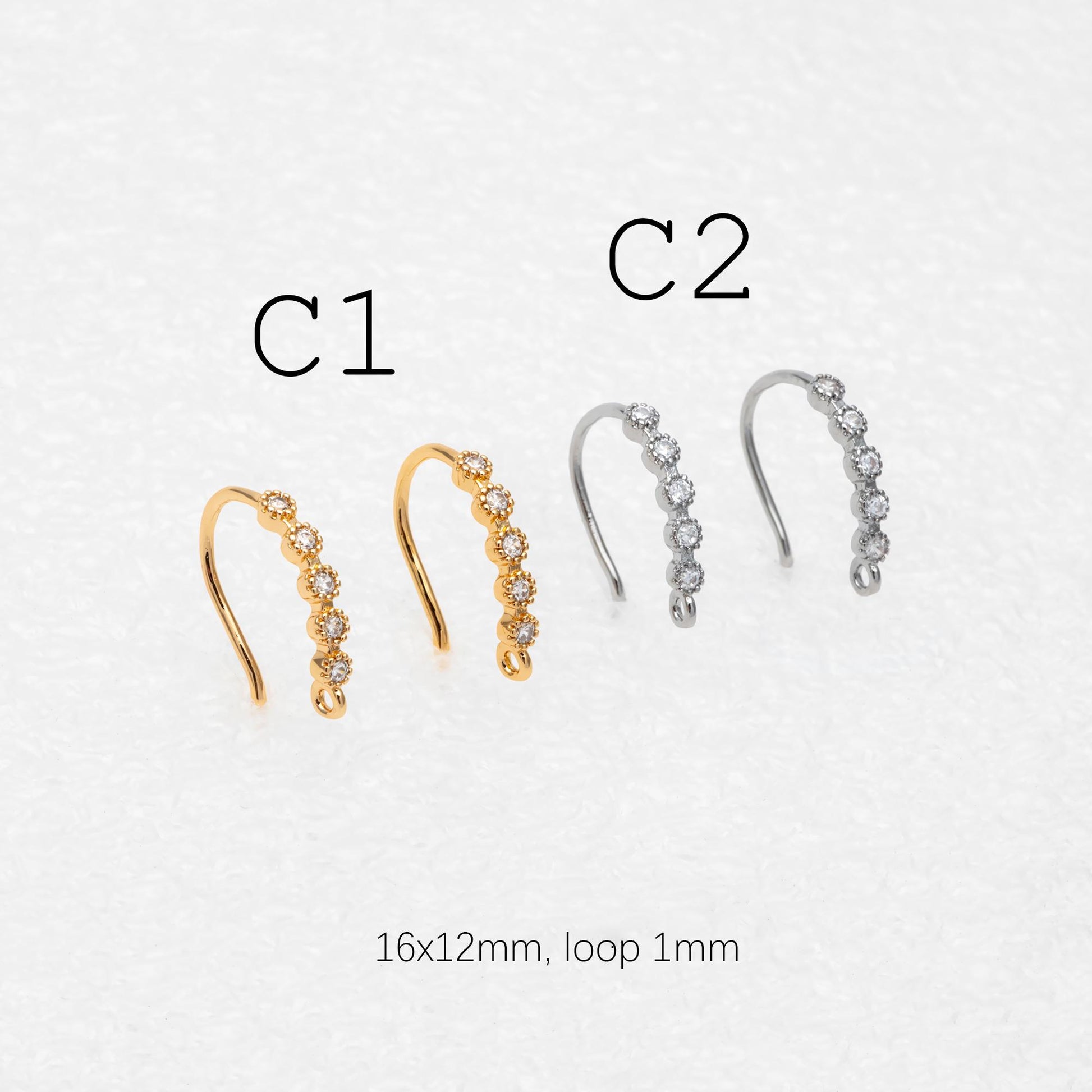 10pcs CZ Pave Gold Earring Hooks 14x10mm, Real Gold Plated Brass Earwires (GB-315)