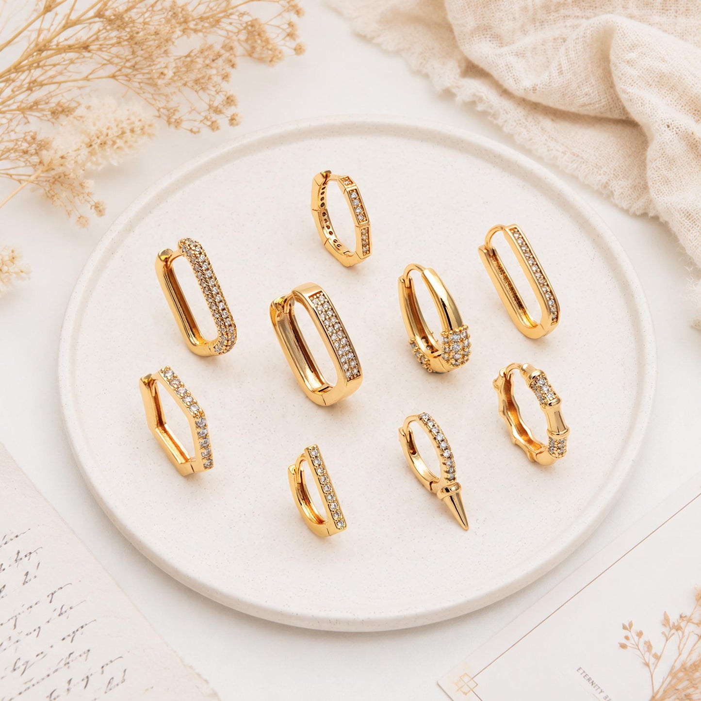 4pcs CZ Paved Polygon Hoop Earrings, Geometric Huggie Earrings, Minimalist Hoop Earrings (GB-2398)