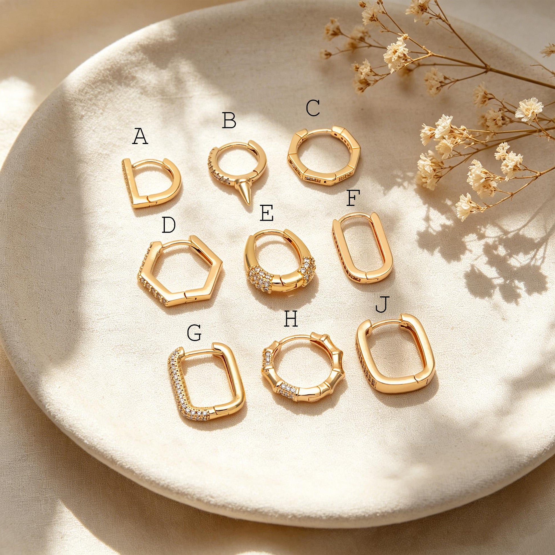 4pcs CZ Paved Polygon Hoop Earrings, Geometric Huggie Earrings, Minimalist Hoop Earrings (GB-2398)