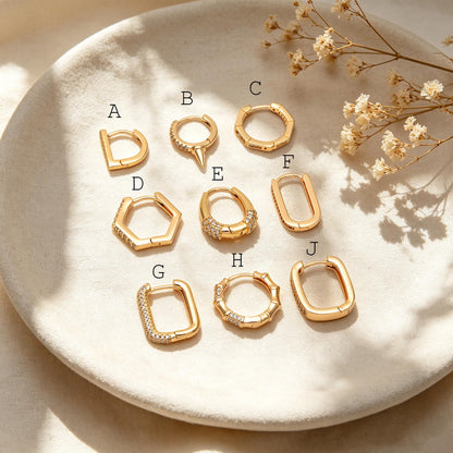 4pcs CZ Paved Polygon Hoop Earrings, Geometric Huggie Earrings, Minimalist Hoop Earrings (GB-2398)