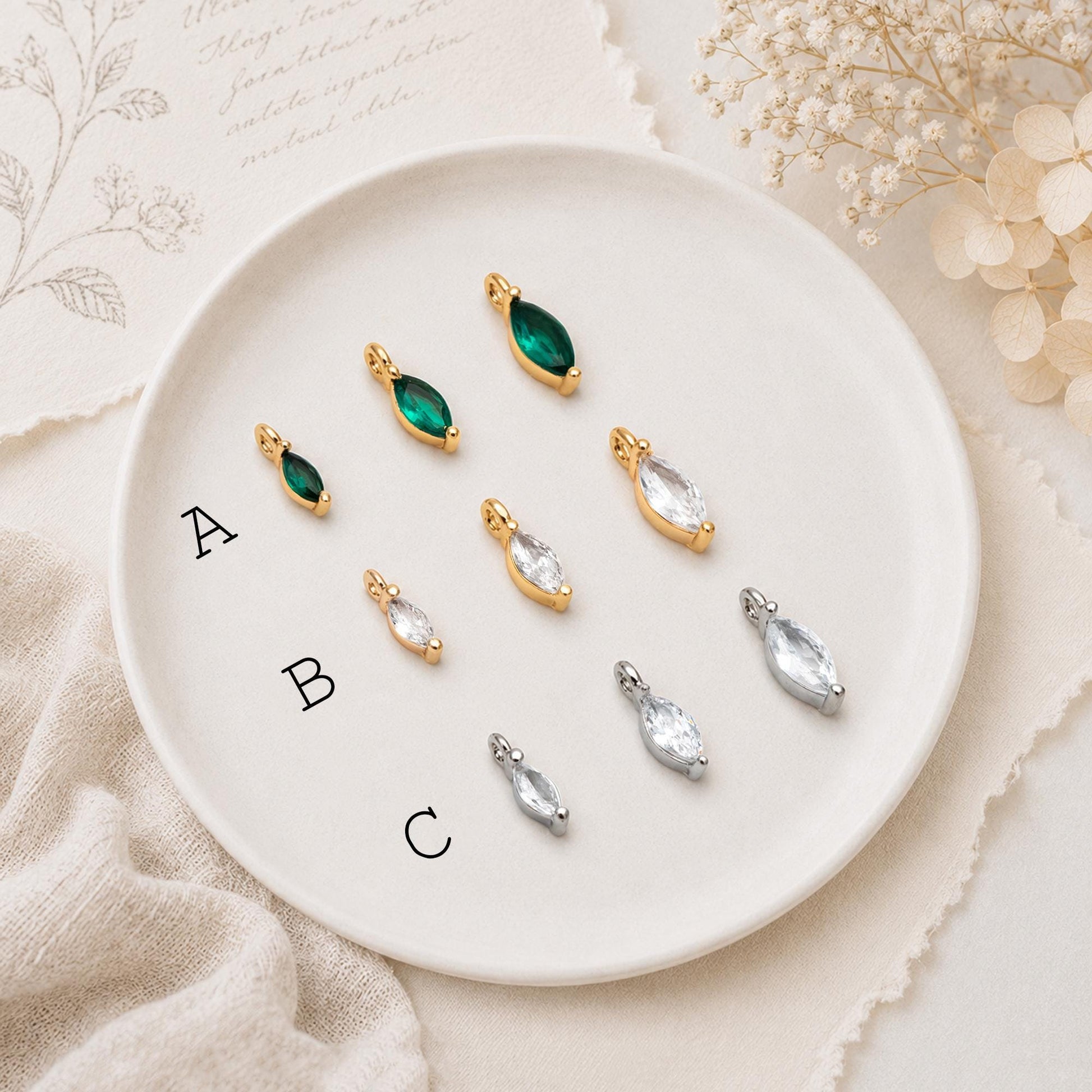 10pcs CZ pave Gold/ Silver tone Tiny Gold Leaf Charm, Gold/ Rhodium plated Brass, Horse Eye Charm (GB-1023)