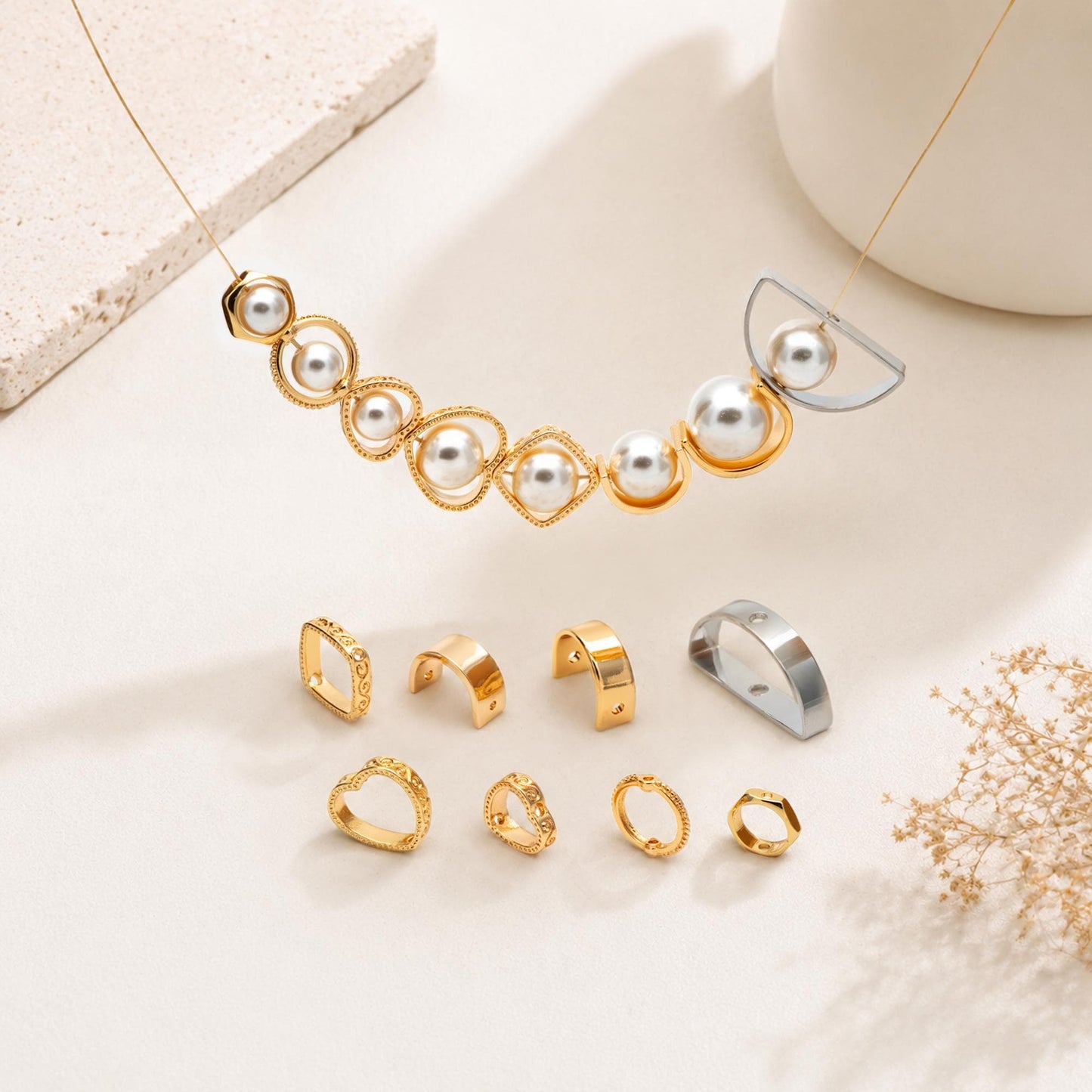 10pcs Gold Round Bead Frame Charms, Real Gold plated Brass Half Ring Connectors, Inner 8.5/ 9.8mm (GB-112)