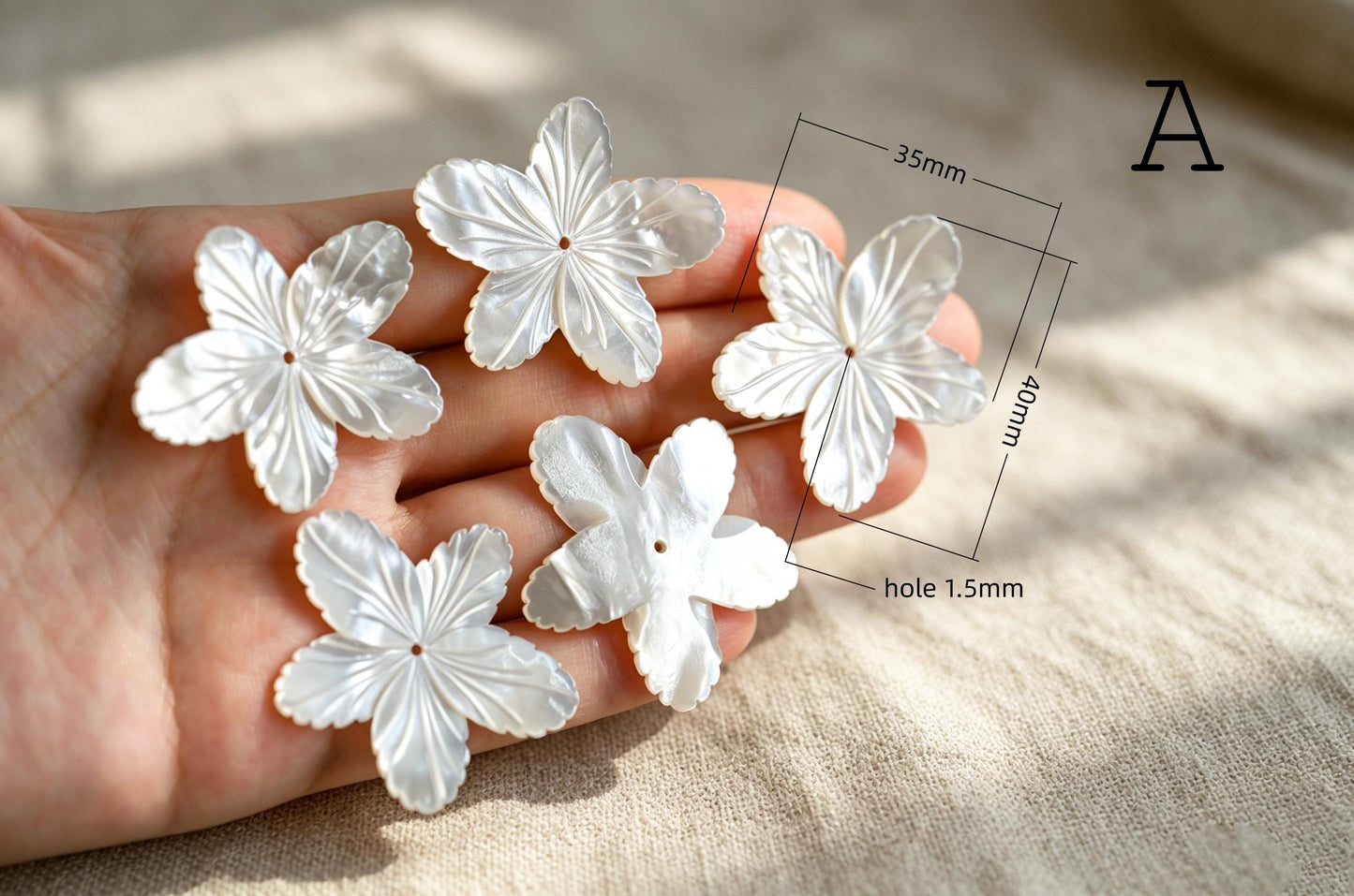 10pcs White Mother of Pearl Carved Flowers 35-43mm, Unique Large Shell Flowers (BK-019)