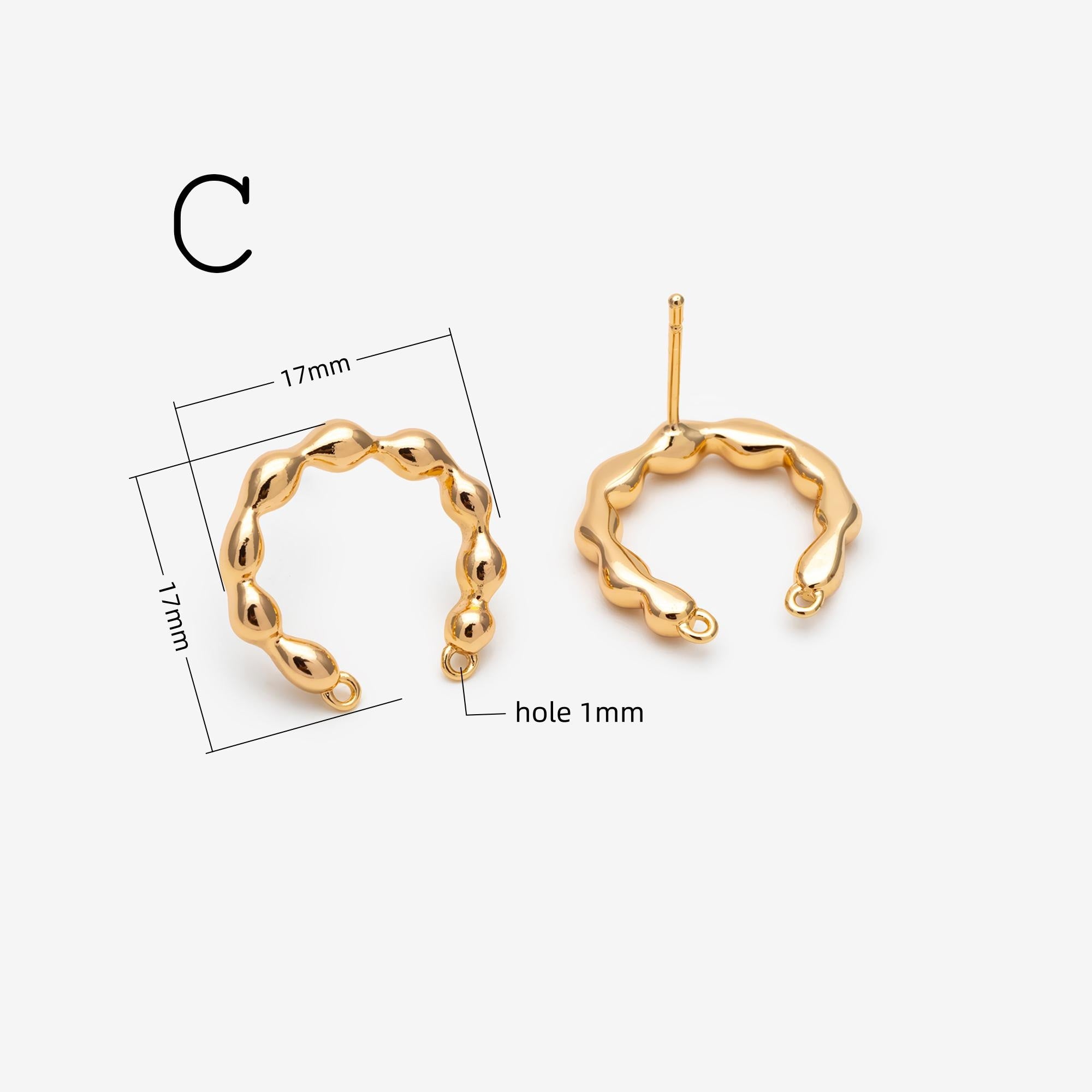 10pcs Gold U-Shaped Earring with 2 Loops, 18K Gold plated Brass Stud Earrings (GB-3226)