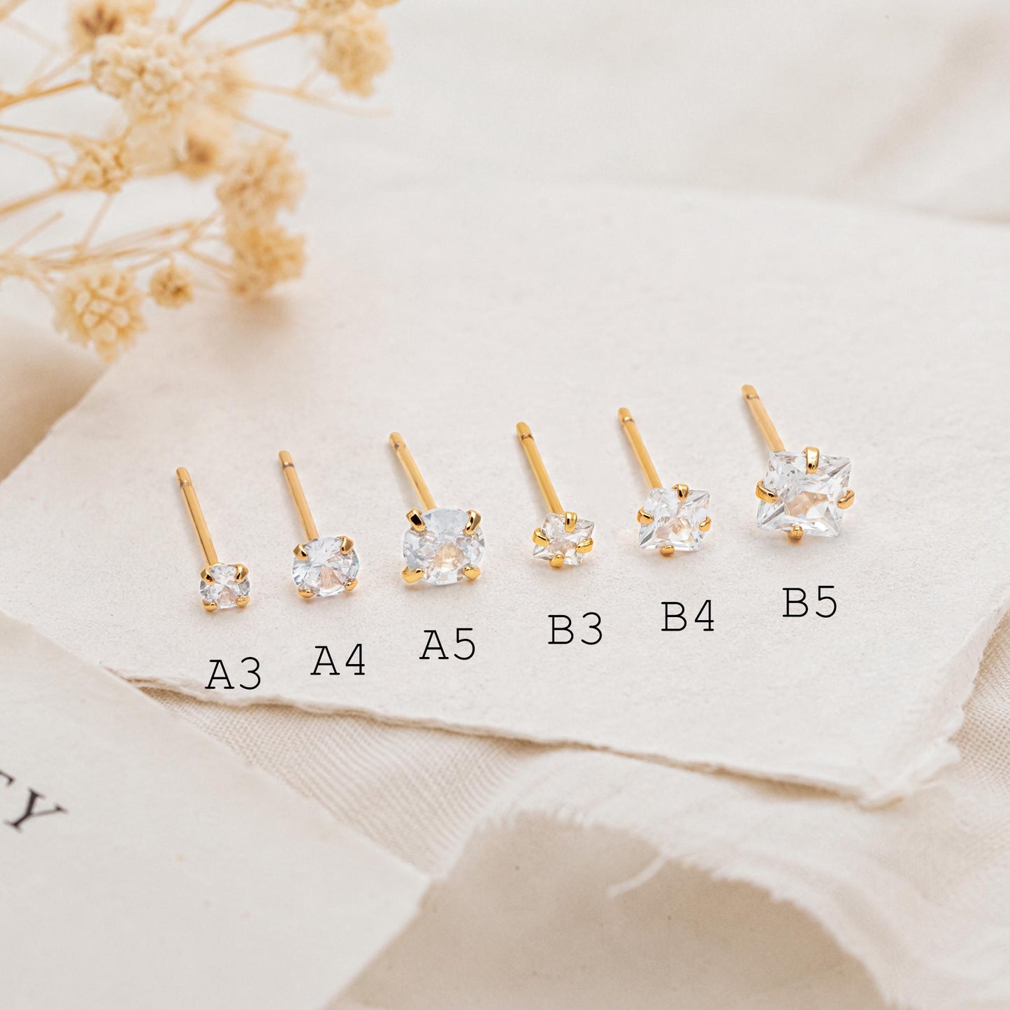 10pcs Micro Pave CZ Square Ear Posts, Real Gold Plated Brass Geometric Earring Studs (GB-3014)