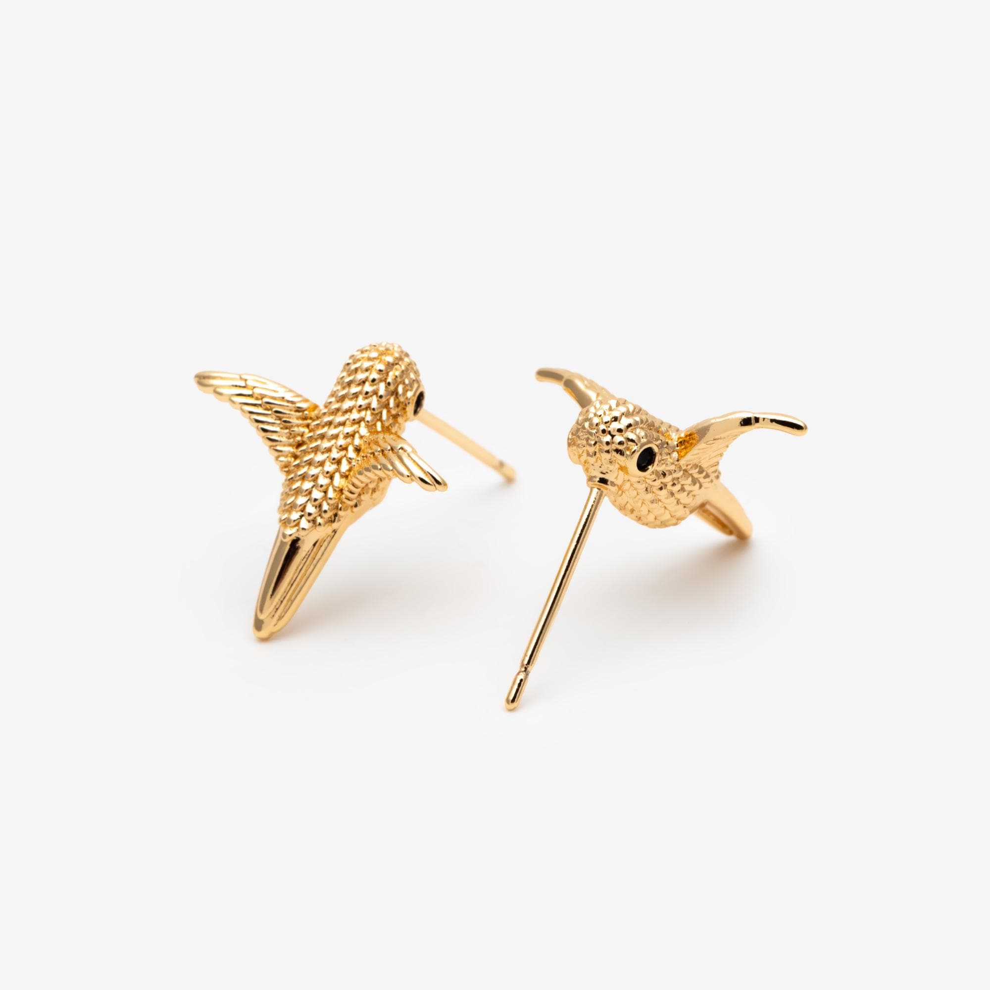 4pcs CZ paved Gold Hummingbird Earrings, Gold Plated Brass, 3D Bird Stud Earrings (GB-4780)