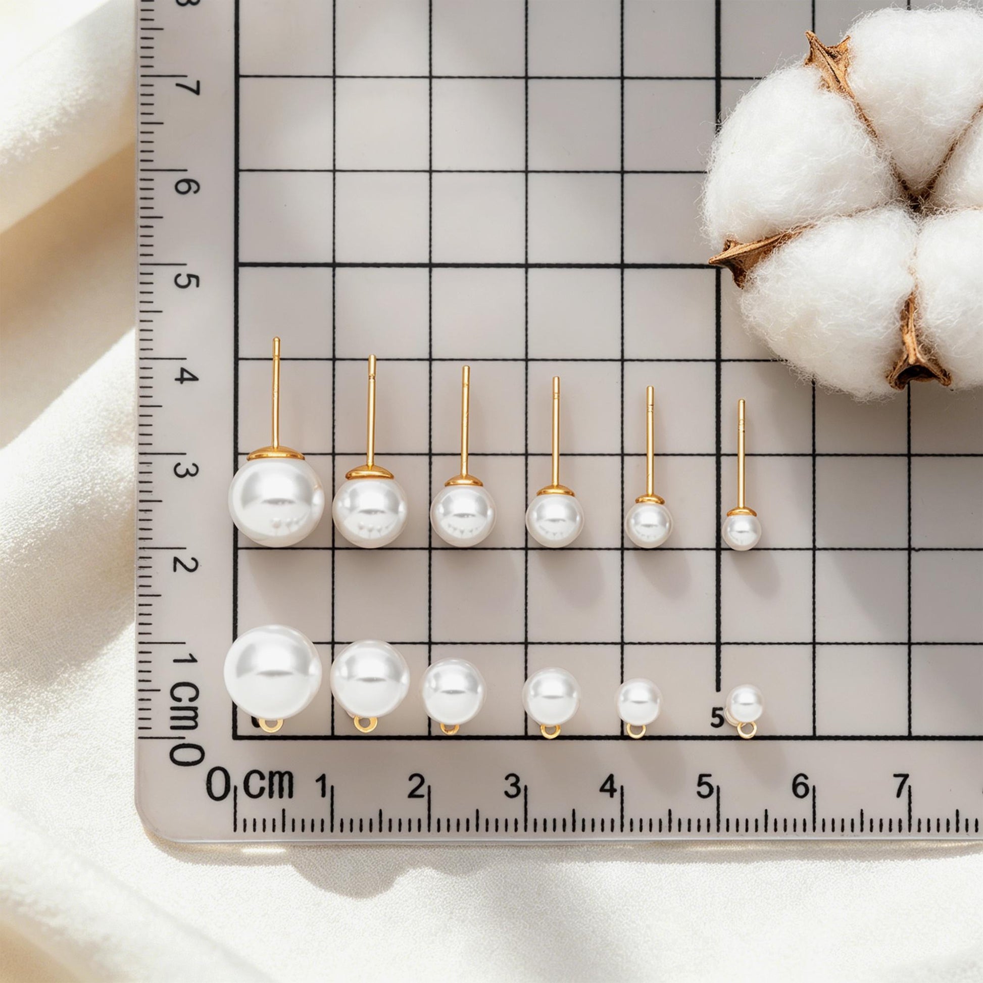 4pcs Quality Glass Pearl Stud Earrings 4-10mm, 18K Gold plated Brass Ear Posts (#GB-4781)