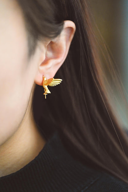 4pcs Matte Gold Hummingbird Earrings, Half Drilled Pearl Mounts, Pearl Earring Settings (GB-4526)