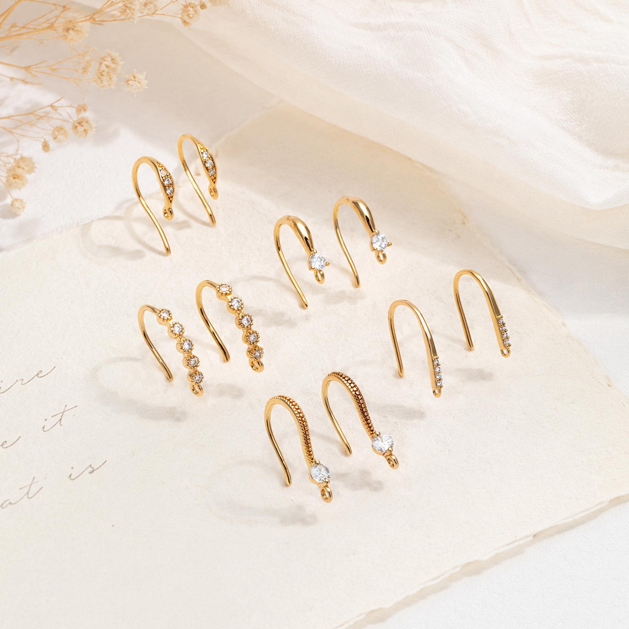 10pcs CZ Pave Gold/ Silver Earring Hooks , Real Gold/ Rhodium Plated Brass Earwires (GB-317)