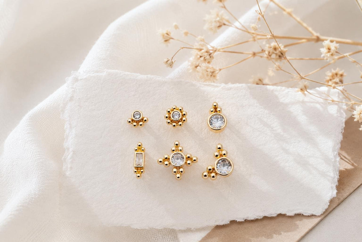 10pcs CZ Pave Geometric Earrings , Gold Plated Brass Dainty Stud Earrings (GB-3526)