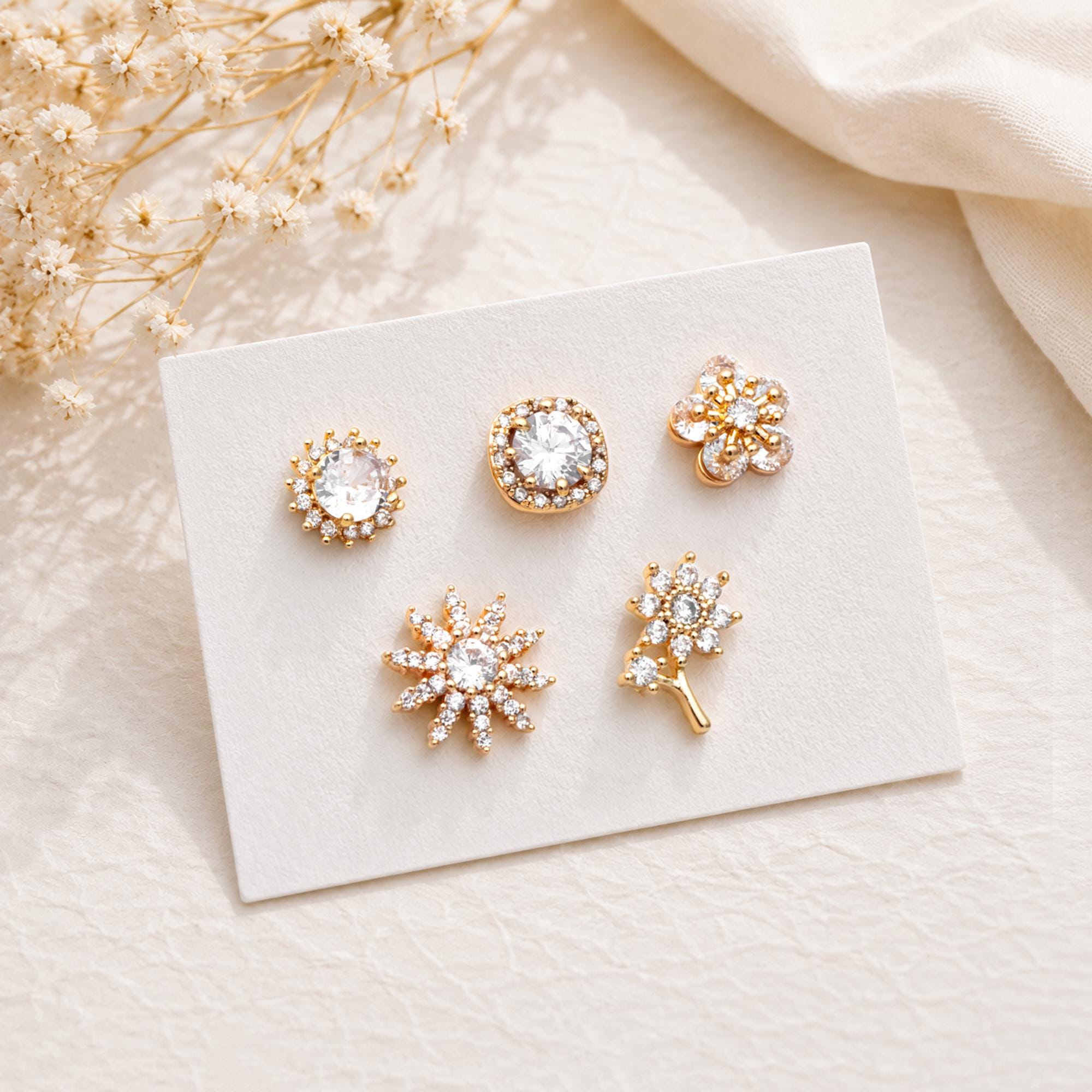 4pcs CZ Pave Gold Flower Earrings, Gold Plated Brass, Jewelry Making, Diy Material, Jewelry Supplies (GB-3371)