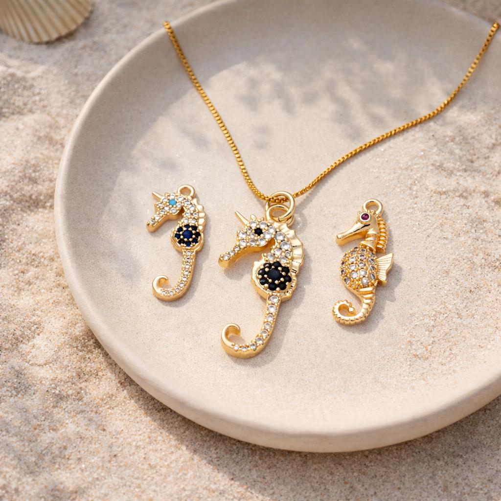 May include: A gold-colored seahorse pendant necklace and two matching seahorse charms. The seahorses are encrusted with clear and dark blue or red gemstones. The necklace and charms are displayed on a white plate, with a sandy background.