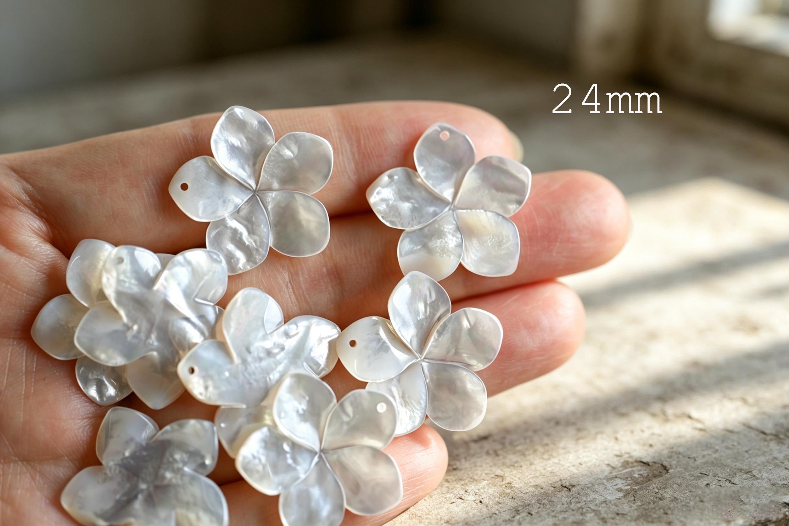 10pcs White Mother of Pearl Flowers 14/ 17/ 24mm, Top Side Drilled, Shell Plumeria Flowers for Earrings -(BK-016)