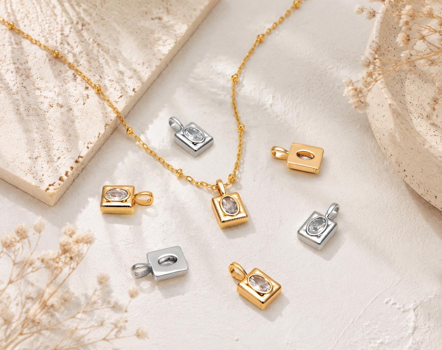 4pcs CZ Pave Gold Rectangle Charm, Necklace Pendant, Jewelry Making, Jewelry Supplies (GB-4779)