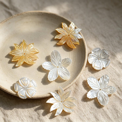 10pcs White Mother of Pearl Carved Flowers 35-43mm, Unique Large Shell Flowers (BK-019)