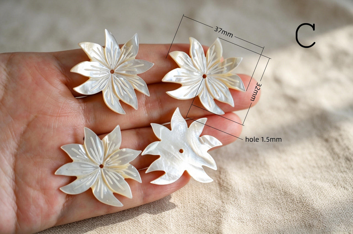 10pcs White Mother of Pearl Carved Flowers 35-43mm, Unique Large Shell Flowers (BK-019)