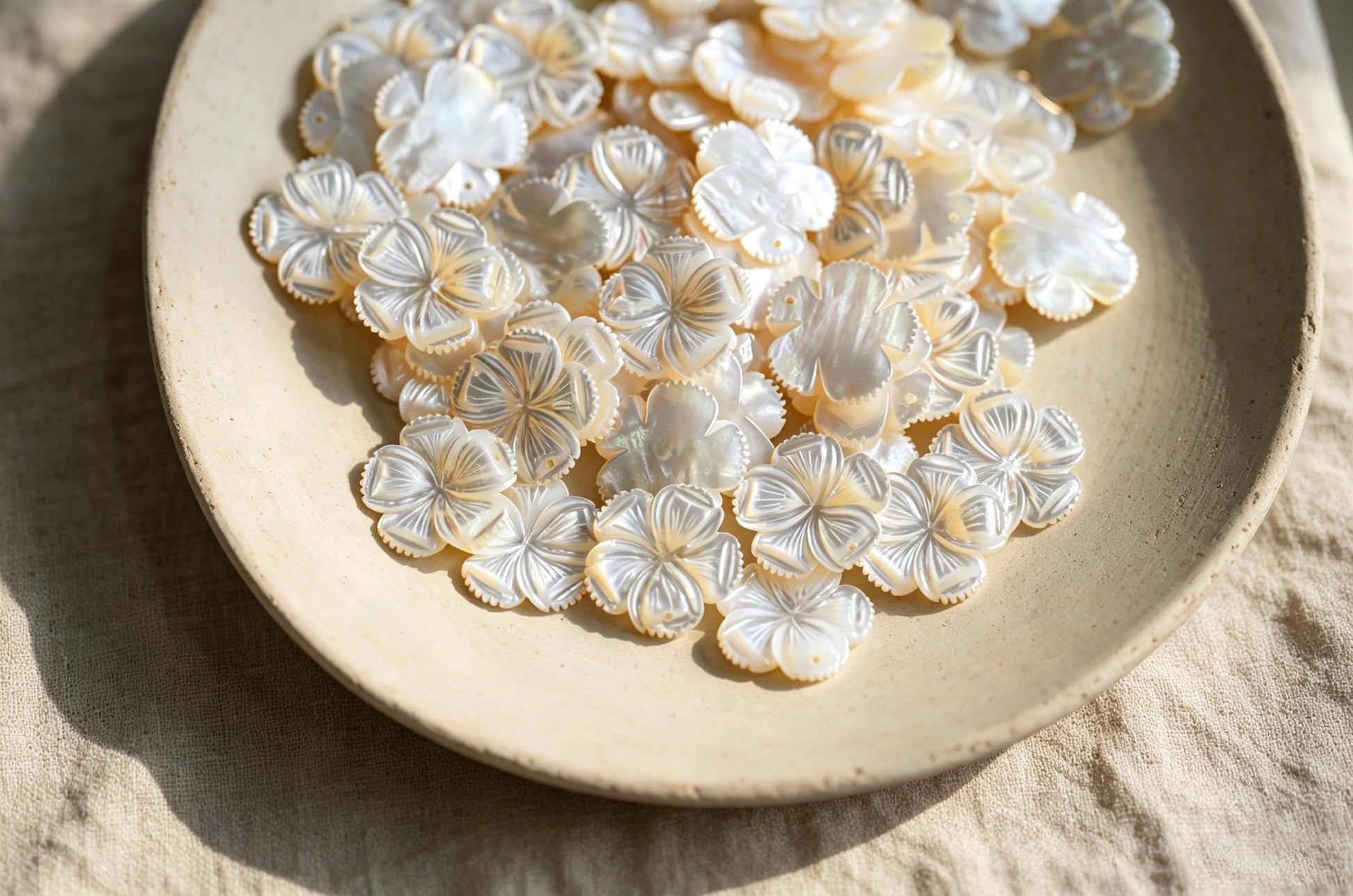 10pcs White Mother of Pearl Carved Flowers 35-43mm, Unique Large Shell Flowers (BK-019)