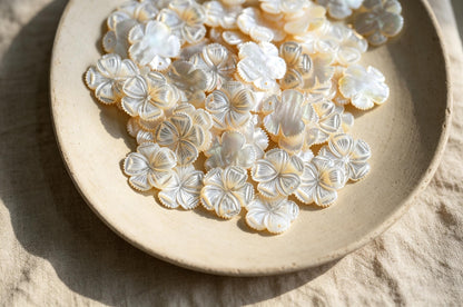 10pcs White Mother of Pearl Carved Flowers 35-43mm, Unique Large Shell Flowers (BK-019)