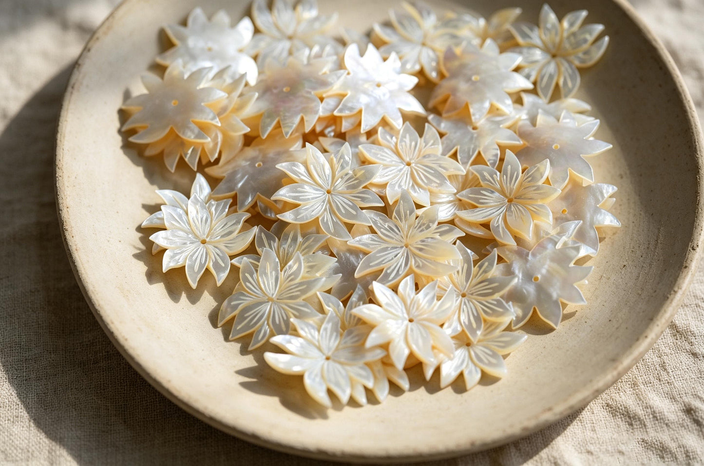 10pcs White Mother of Pearl Carved Flowers 35-43mm, Unique Large Shell Flowers (BK-019)