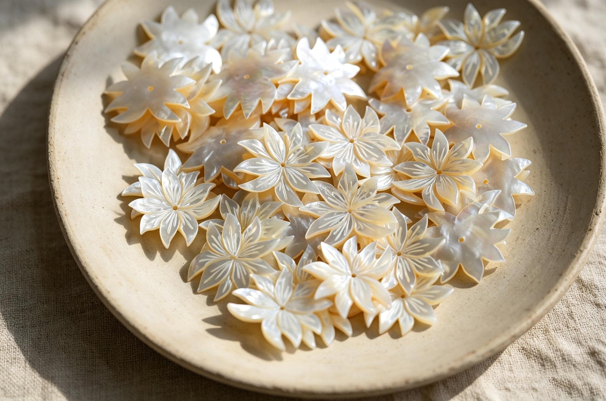 10pcs White Mother of Pearl Carved Flowers 35-43mm, Unique Large Shell Flowers (BK-019)