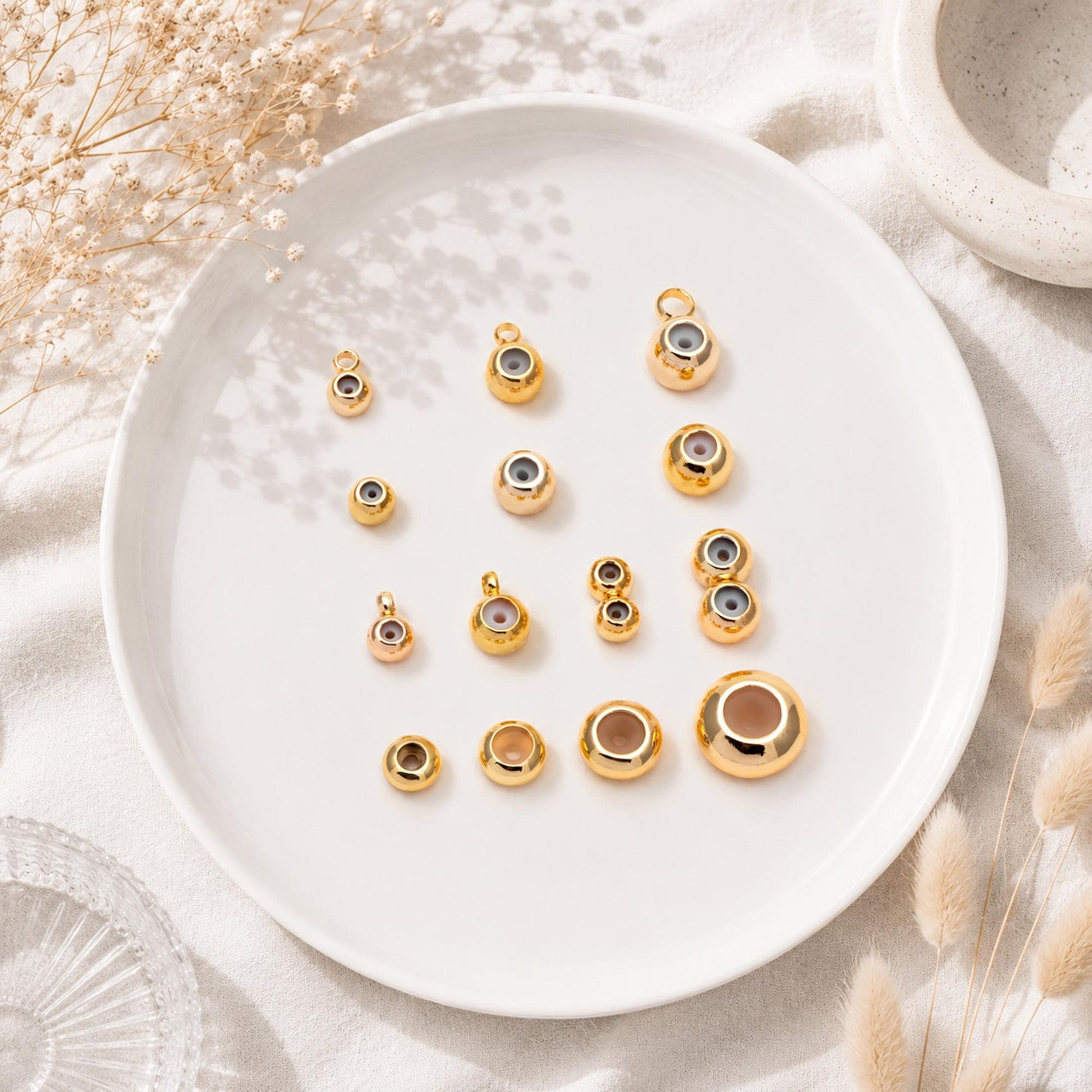 10pcs Gold/ Silver Tone Rondelle Rubber Stopper Beads 4/ 4.5/ 5.5/ 7.5mm, Gold/ Rhodium plated Brass Charm Holder Connector (GB-328)