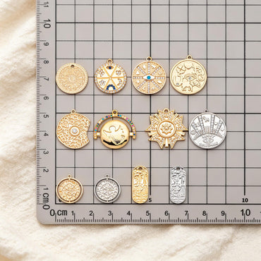 4pcs Gold/ Silver Talisman Coin Charm, Lucky Medallion Pendant for Necklace Jewelry Making Supply (GB-1766)