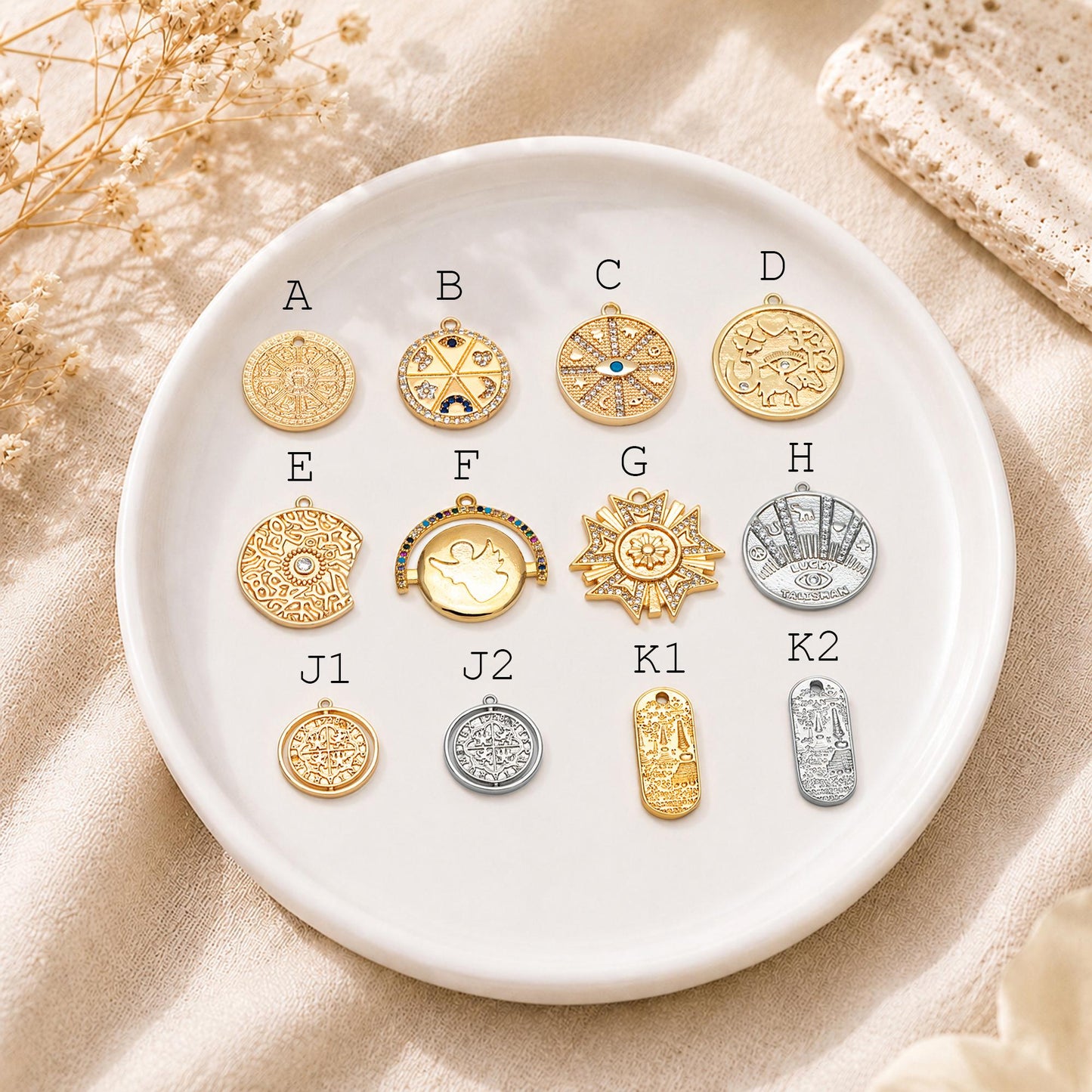 4pcs Gold/ Silver Talisman Coin Charm, Lucky Medallion Pendant for Necklace Jewelry Making Supply (GB-1766)