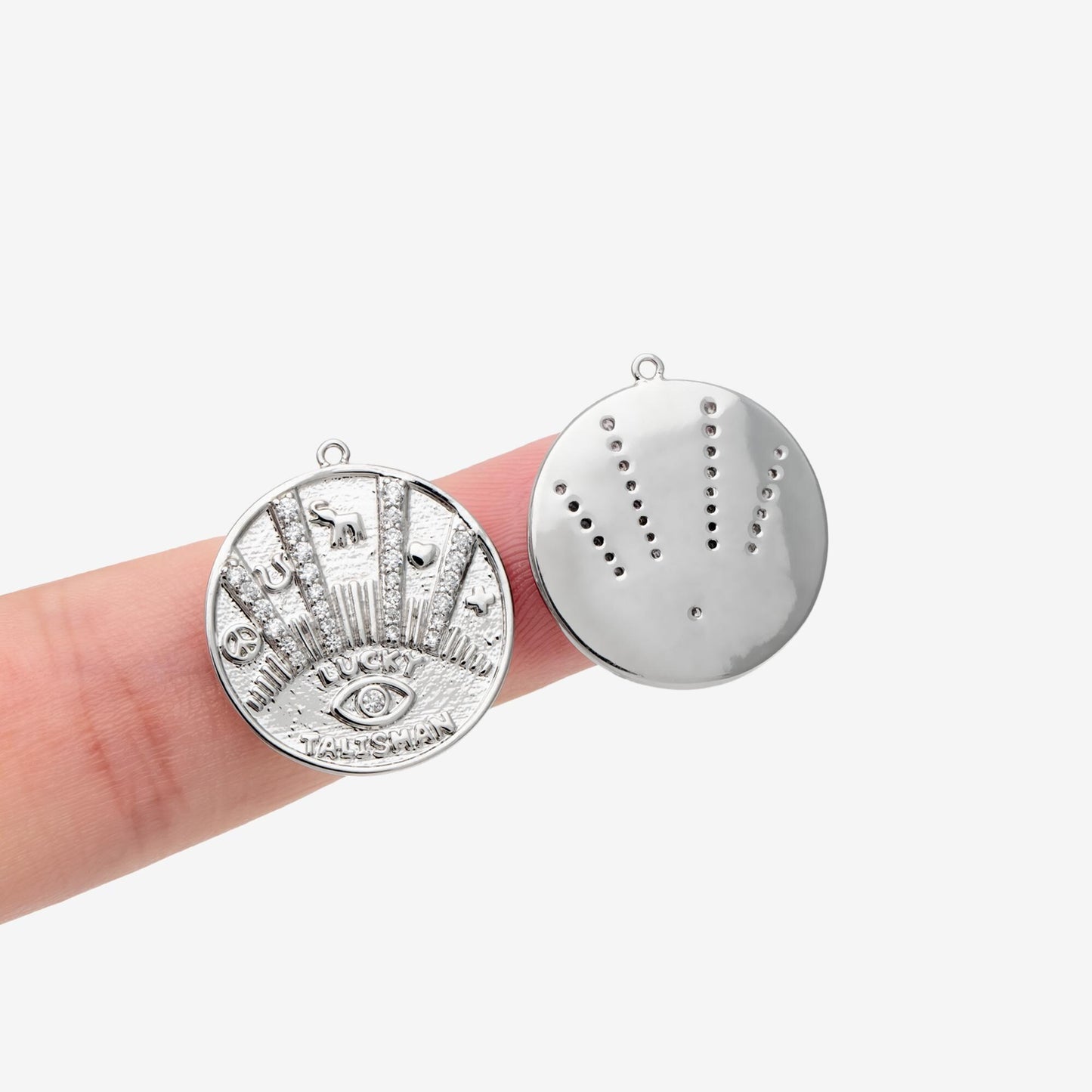 4pcs CZ Pave Gold/ Silver Tone Talisman Charm 20mm, Real Gold/ Rhodium plated Brass, Round Coin Disk Pendants (GB-1766-H)