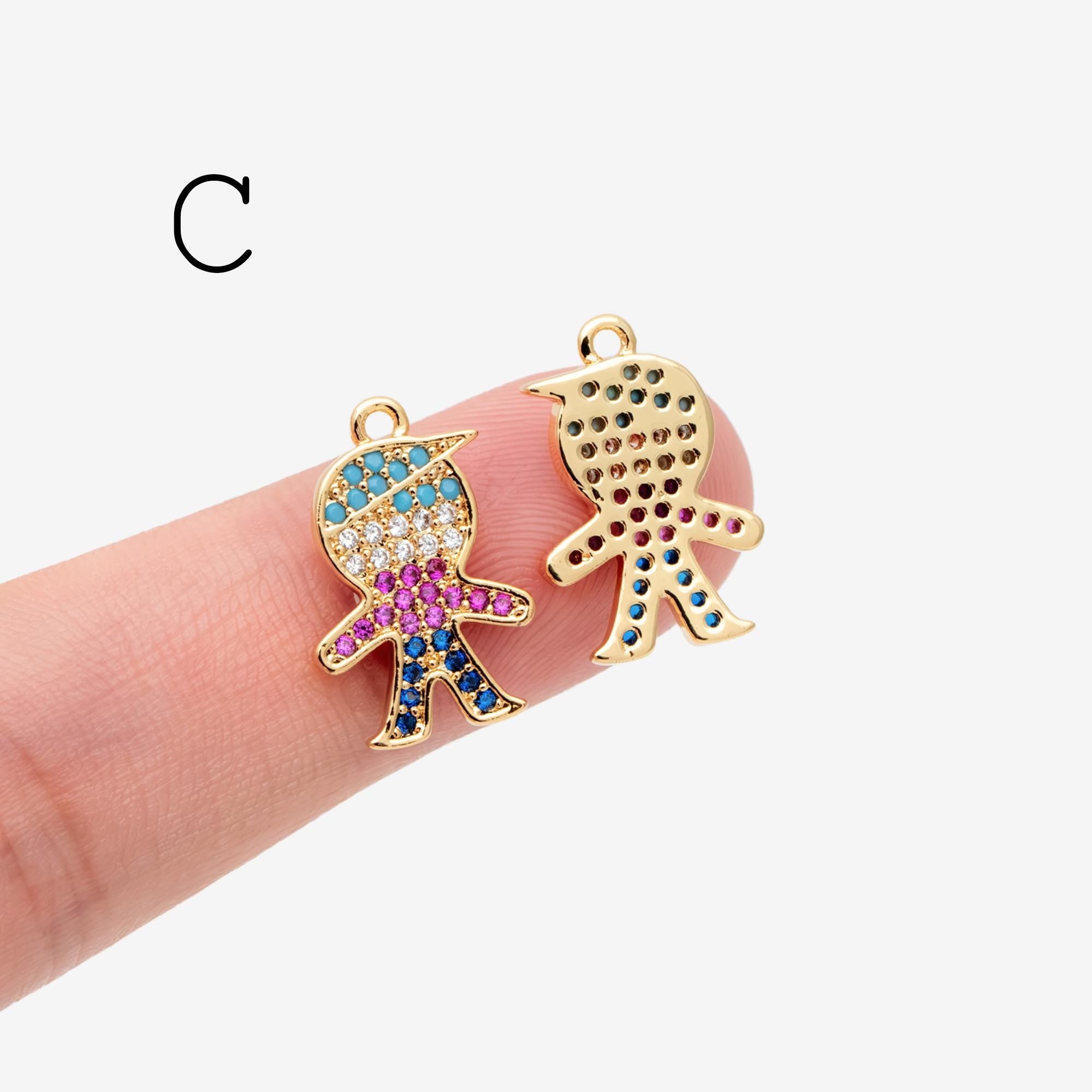10pcs Gold Boy and Girl Charms 18mm, Gold plated Brass Cubic Zirconia Pendants (GB-172)