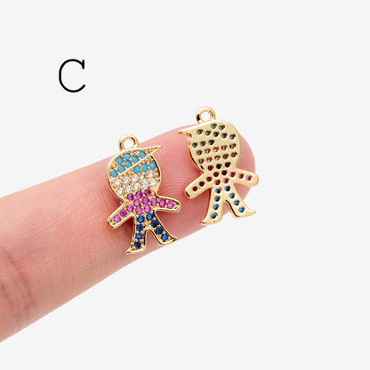 10pcs Gold Boy and Girl Charms 18mm, Gold plated Brass Cubic Zirconia Pendants (GB-172)