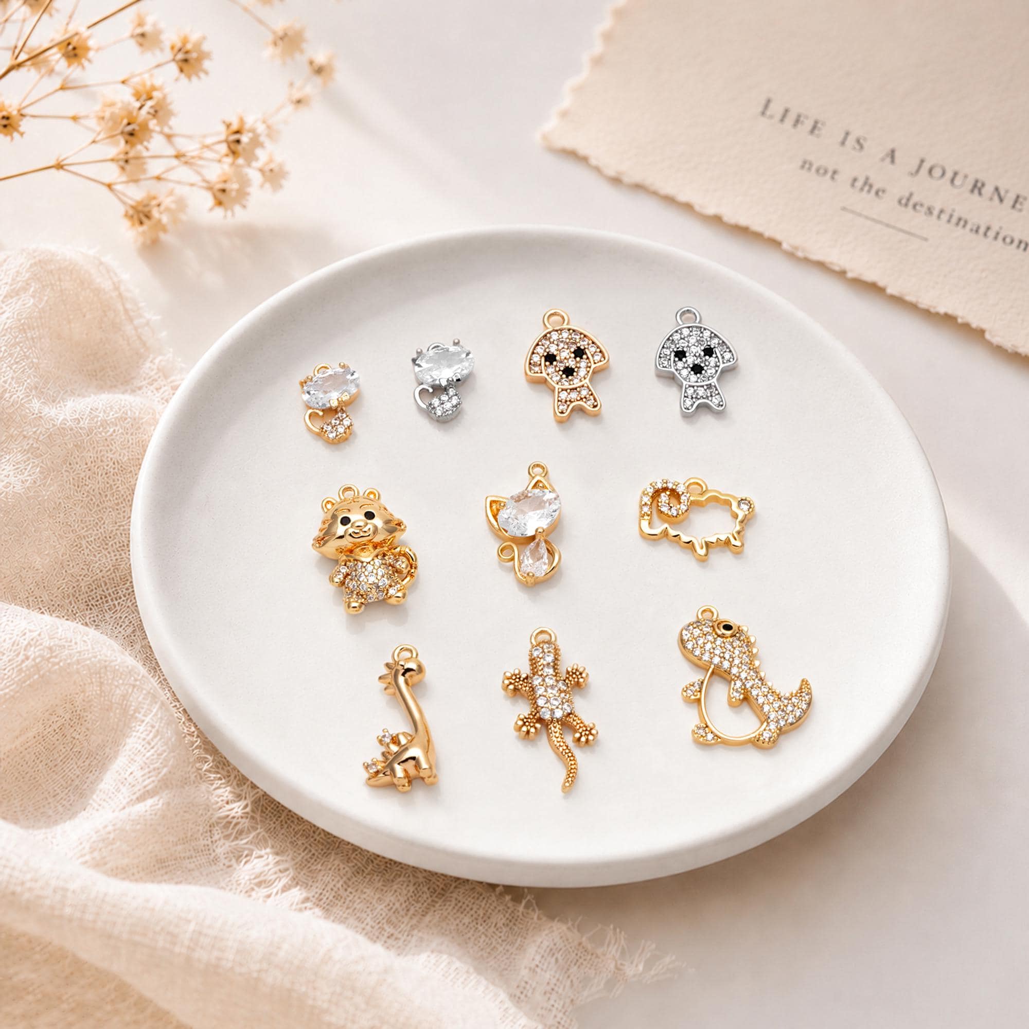 4pcs CZ Pave Gold/ Silver Tone Cute Animal Charms, Jewelry Making, Diy Material, Jewelry Supplies (GB-2074)