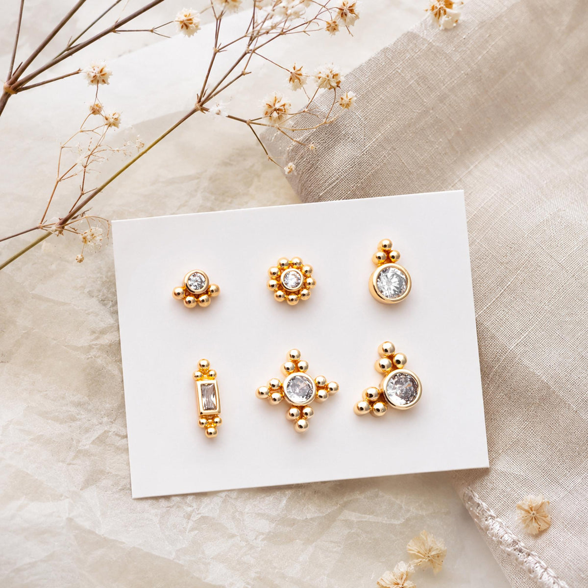 10pcs CZ Pave Geometric Earrings , Gold Plated Brass Dainty Stud Earrings (GB-3526)