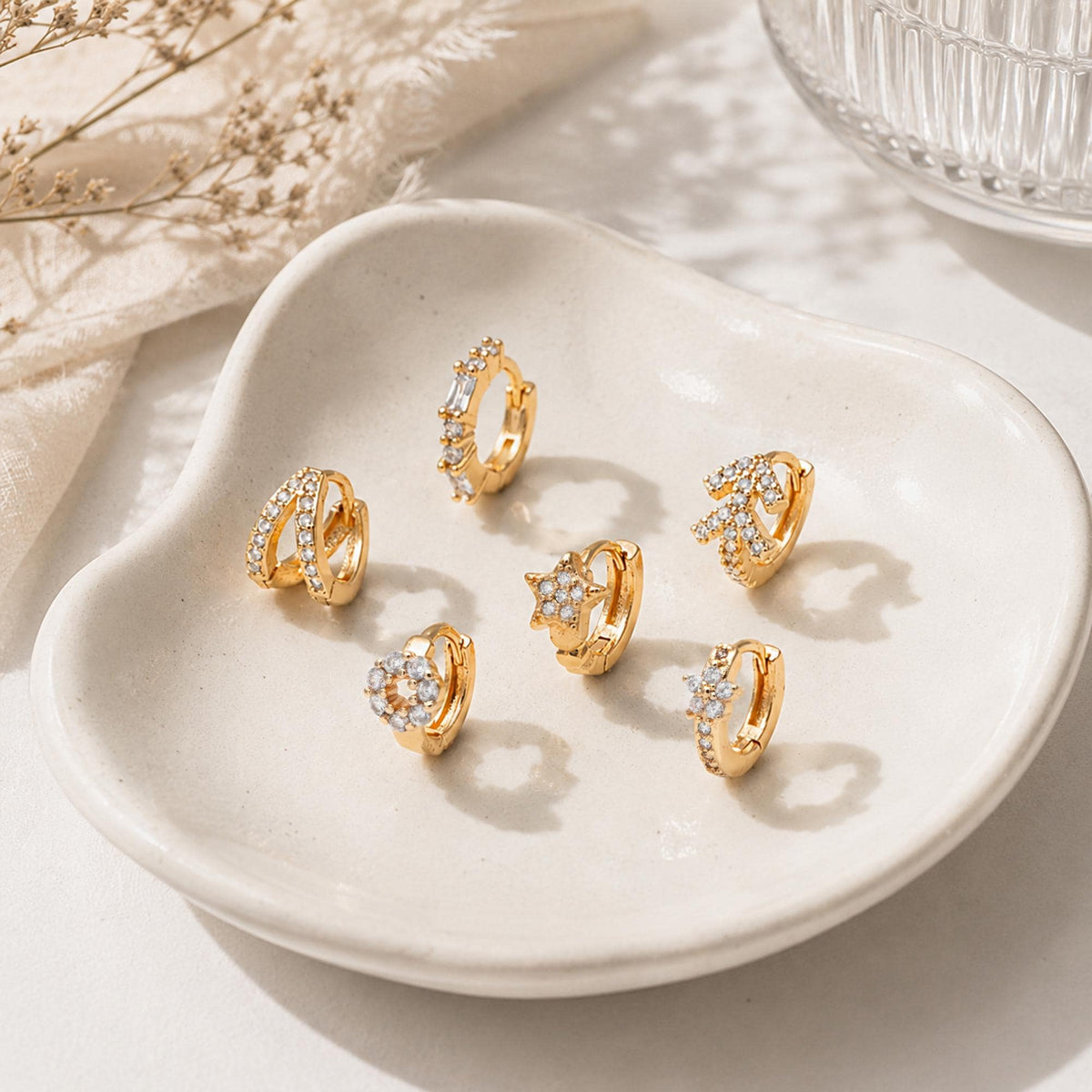 4pcs CZ Pave Tiny Hoop Earrings, Dainty Huggie Earrings, Minimalist Earring, Small Gold Hoops Earring (GB-3399)